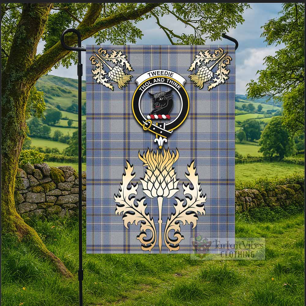 Tweedie Tartan Garden Flag with Golden Regal Scottish Thistle Emblem - Tartan Vibes Clothing