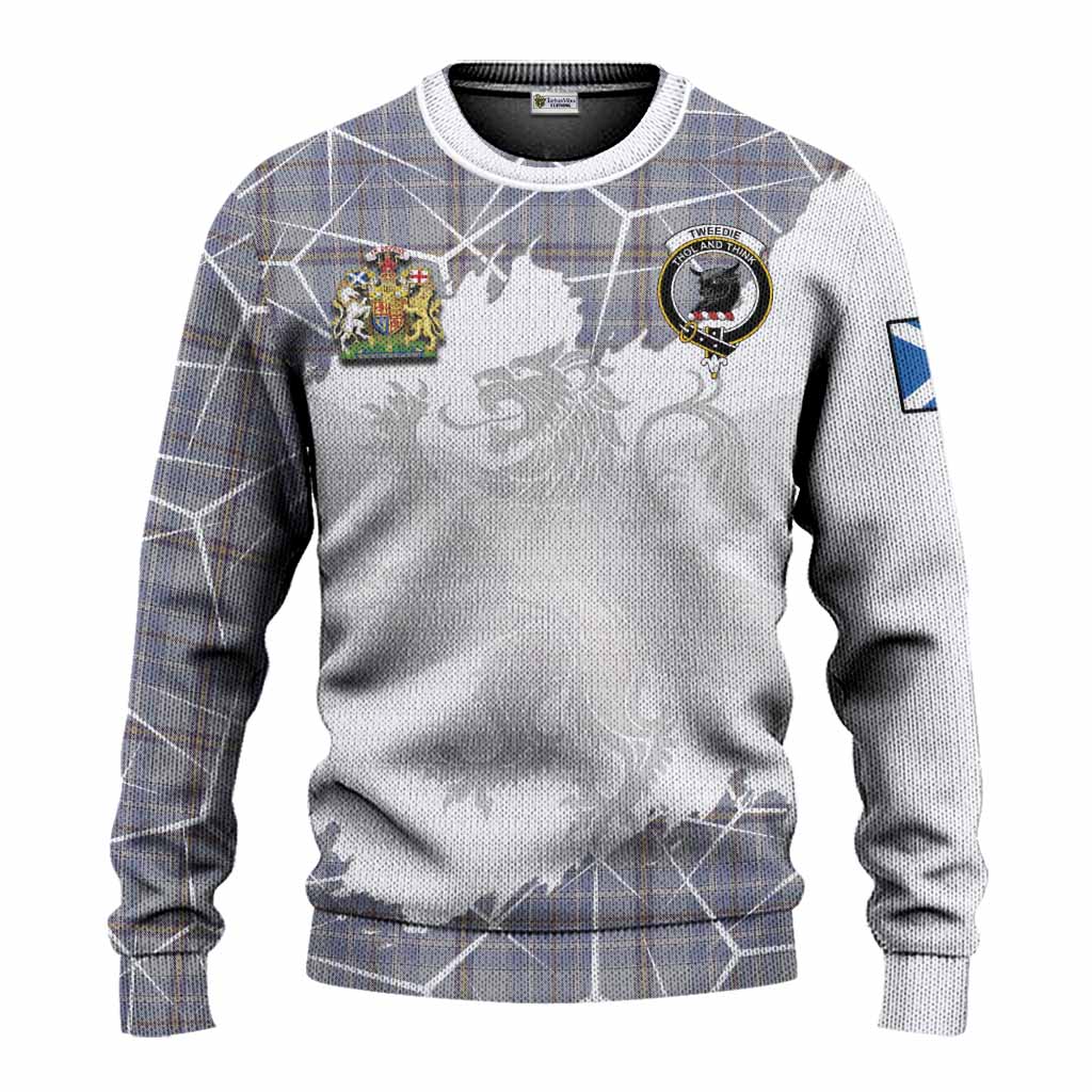Tweedie Tartan Knitted Sweater with Family Crest and Lion Rampant Grunge Style
