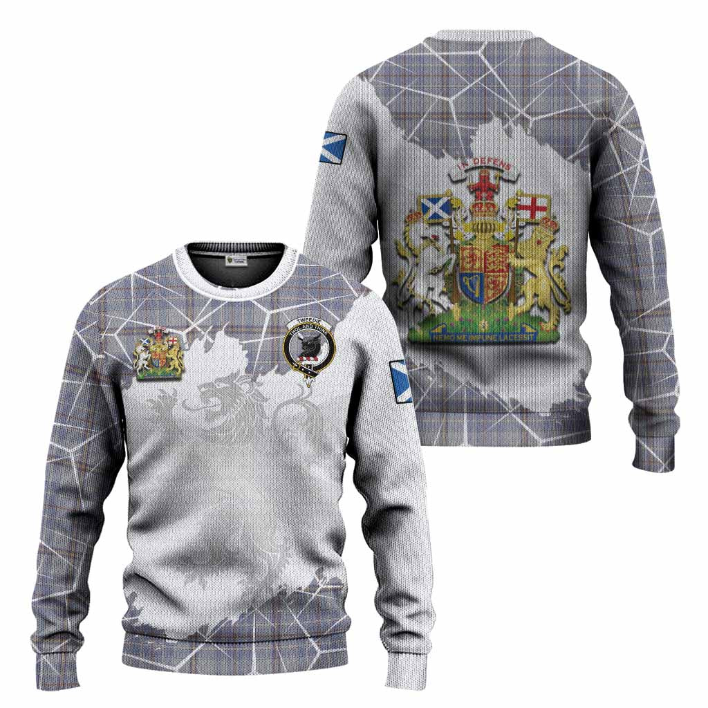 Tweedie Tartan Knitted Sweater with Family Crest and Lion Rampant Grunge Style
