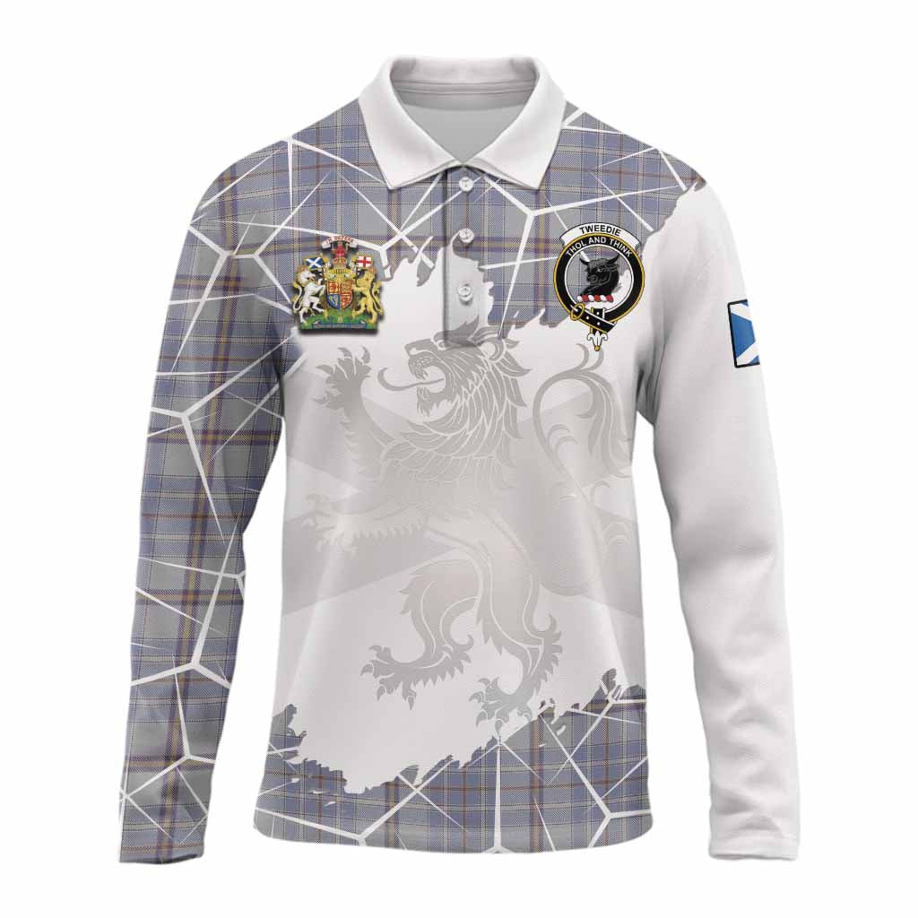 Tweedie Tartan Long Sleeve Polo Shirt with Family Crest and Lion Rampant Grunge Style