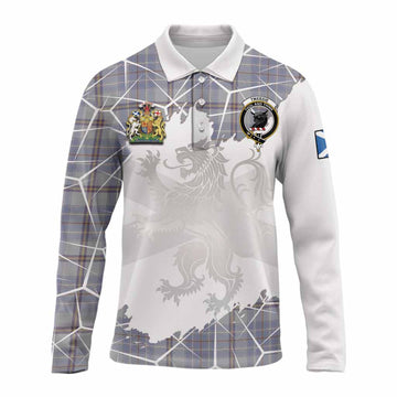 Tweedie Tartan Long Sleeve Polo Shirt with Family Crest and Lion Rampant Grunge Style