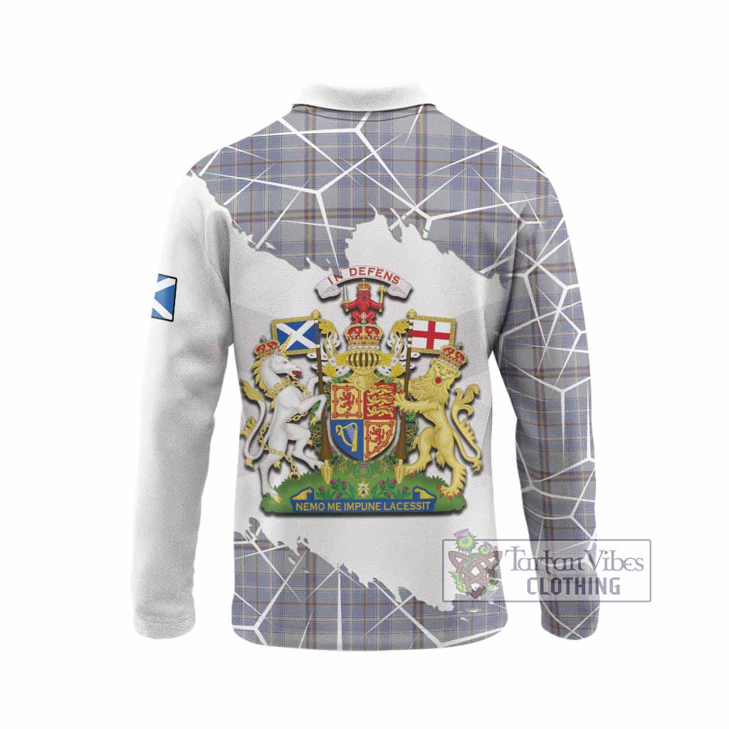 Tweedie Tartan Long Sleeve Polo Shirt with Family Crest and Lion Rampant Grunge Style
