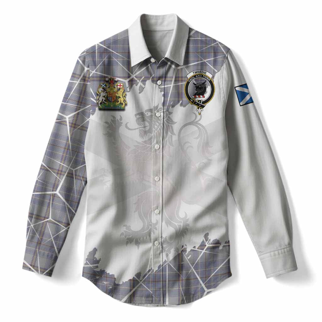 Tweedie Tartan Women Casual Shirt with Family Crest and Lion Rampant Grunge Style