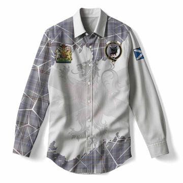 Tweedie Tartan Women Casual Shirt with Family Crest and Lion Rampant Grunge Style