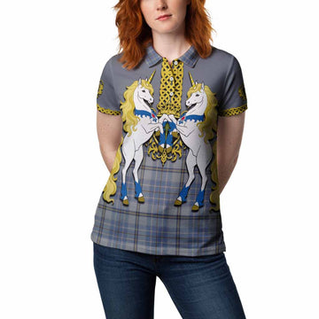Tweedie Tartan Women Polo Shirt Unicorn Celtic Knot And Thistle Emblem