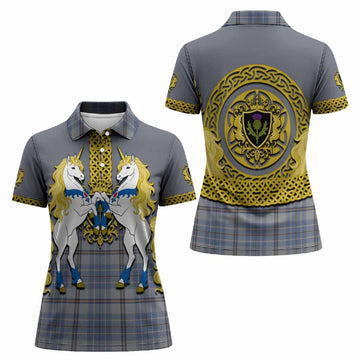 Tweedie Tartan Women Polo Shirt Unicorn Celtic Knot And Thistle Emblem