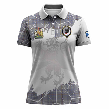 Tweedie Tartan Women Polo Shirt with Family Crest and Lion Rampant Grunge Style