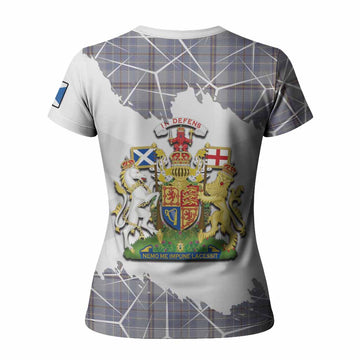 Tweedie Tartan Women T shirt with Family Crest and Lion Rampant Grunge Style