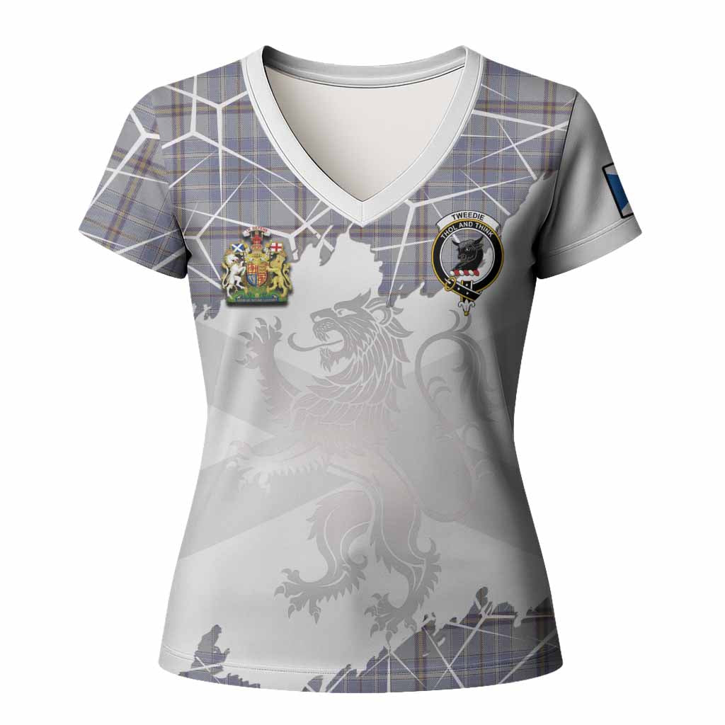 Tweedie Tartan Women T shirt with Family Crest and Lion Rampant Grunge Style
