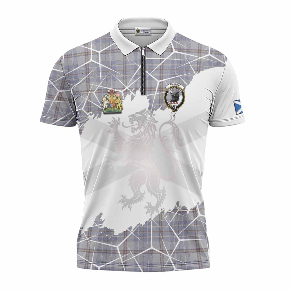 Tweedie Tartan Zipper Polo Shirt with Family Crest and Lion Rampant Grunge Style