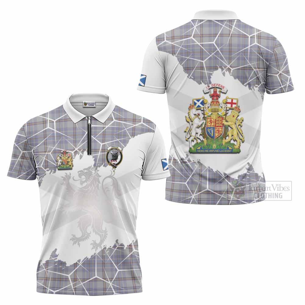 Tweedie Tartan Zipper Polo Shirt with Family Crest and Lion Rampant Grunge Style