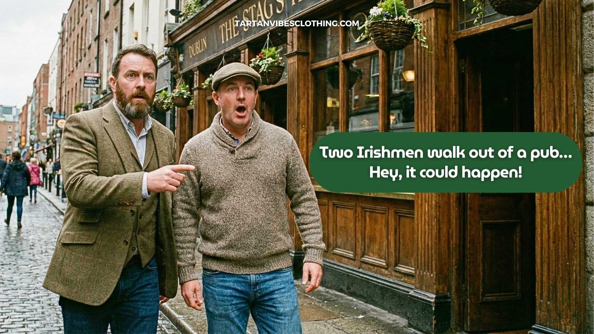 Two men outside an Irish pub with a classic Irish joke speech bubble.