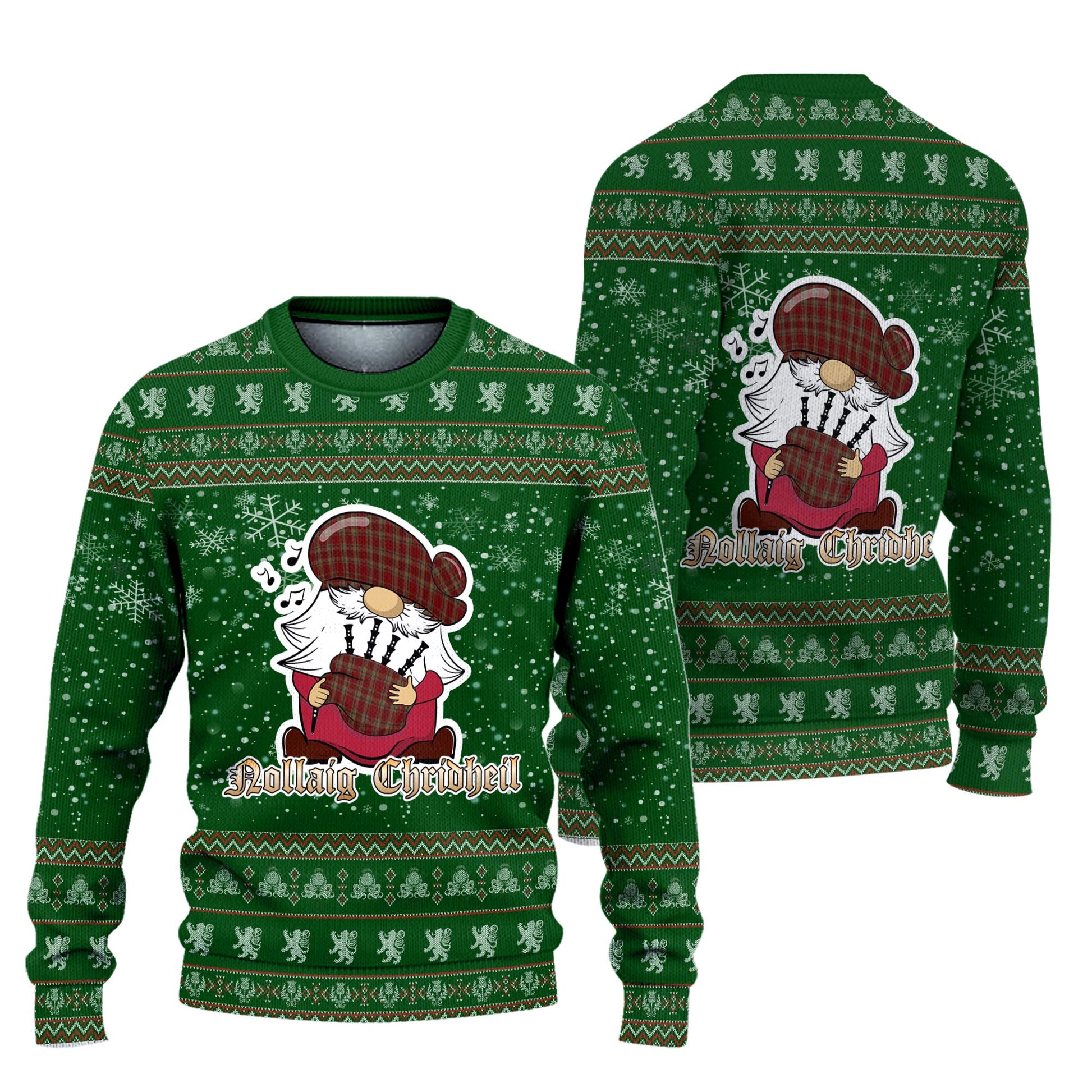 Tyrone County Ireland Clan Christmas Family Knitted Sweater with Funny Gnome Playing Bagpipes Unisex Green - Tartanvibesclothing