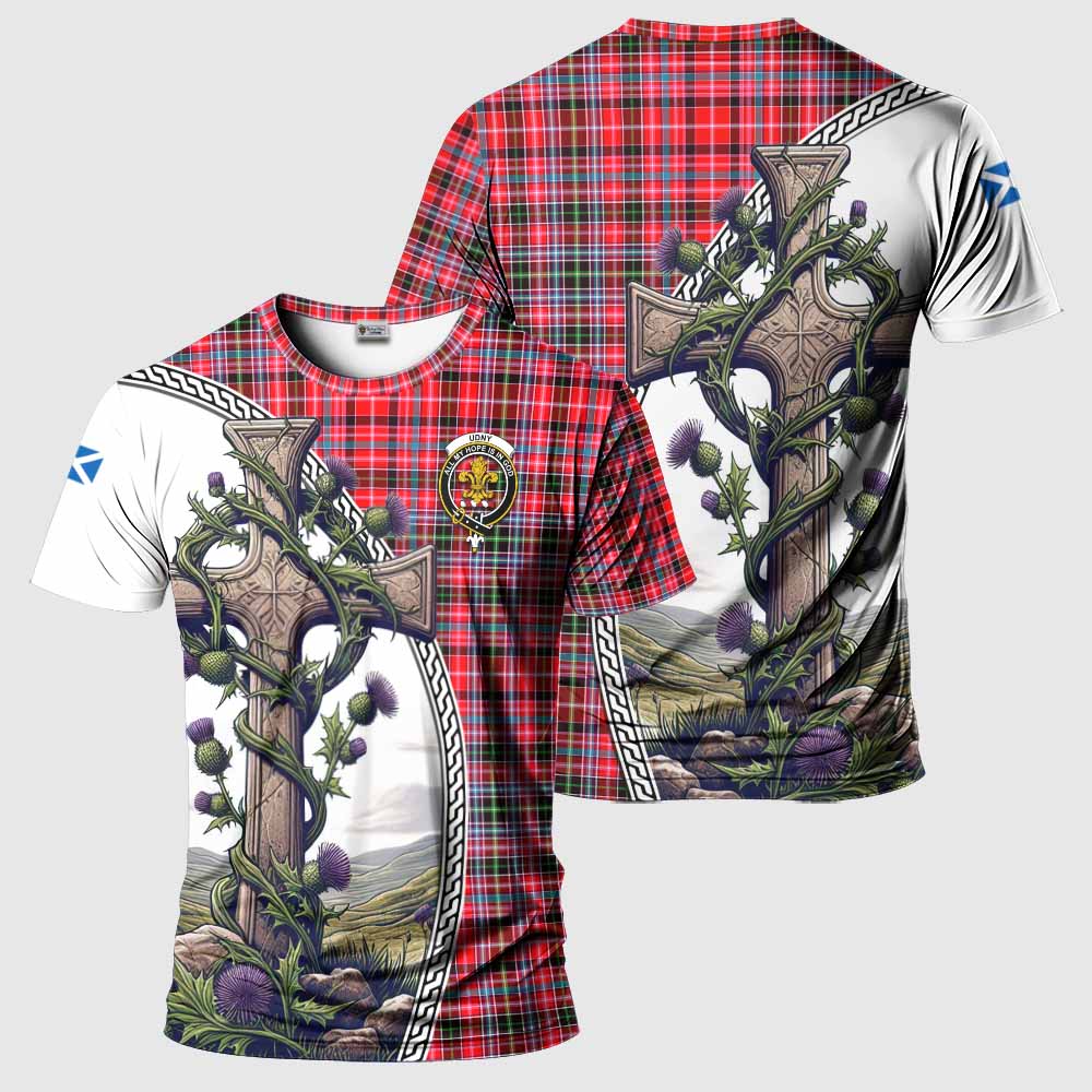 Tartan Vibes Clothing Udny Agnew Tartan T-Shirt with Family Crest and St. Andrew's Cross Accented by Thistle Vines