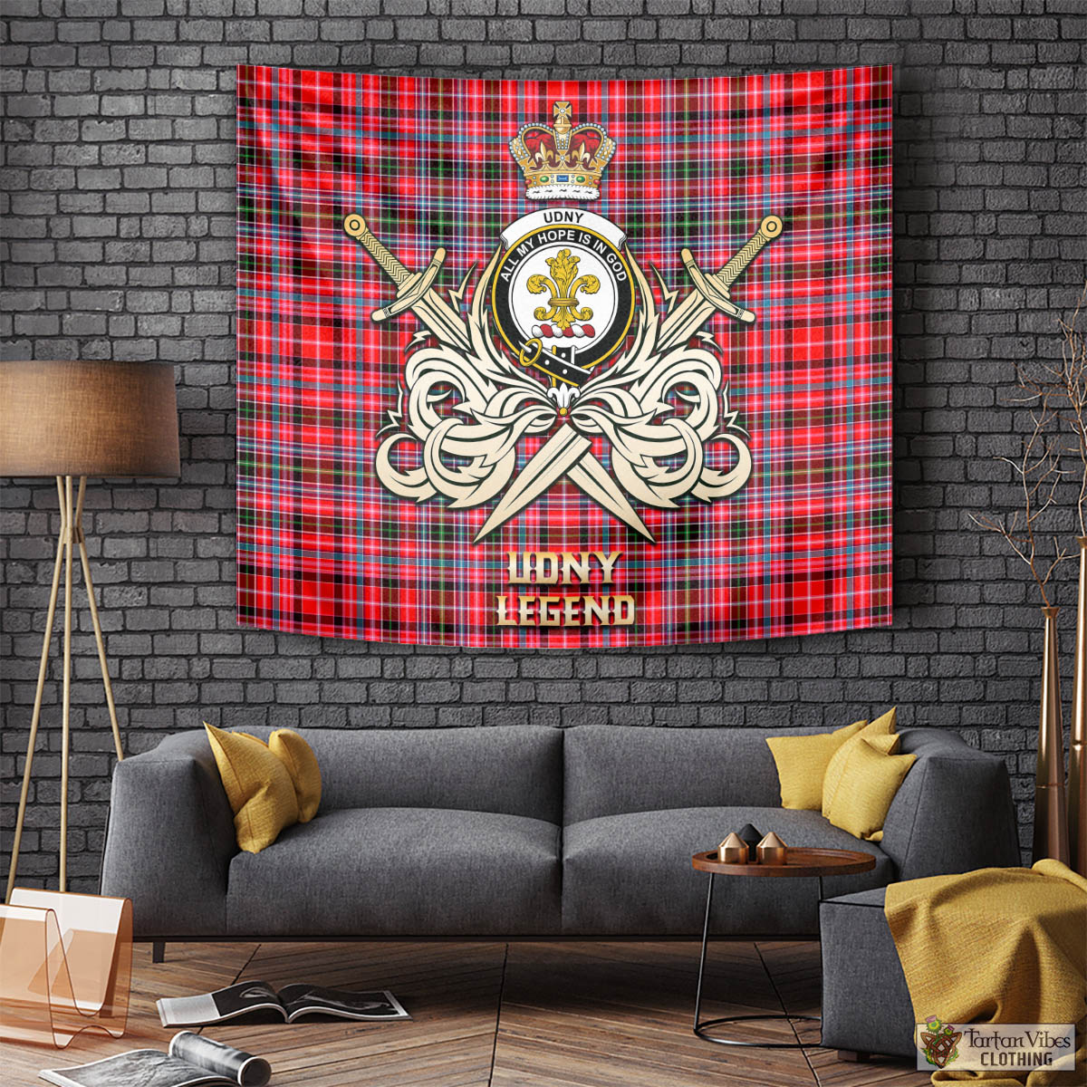 Tartan Vibes Clothing Udny Tartan Tapestry with Clan Crest and the Golden Sword of Courageous Legacy