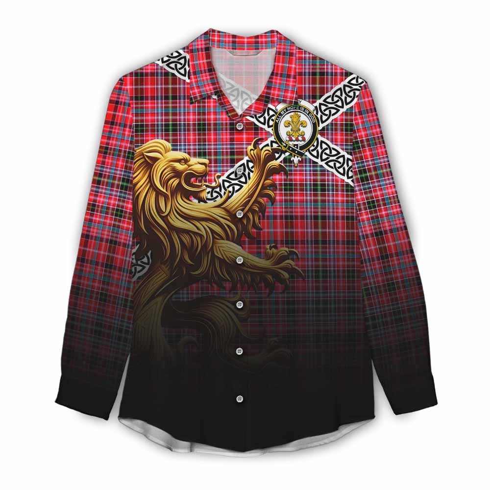 Tartan Vibes Clothing Udny Crest Tartan Women's Casual Shirt with Golden Lion Emblem Celtic Style