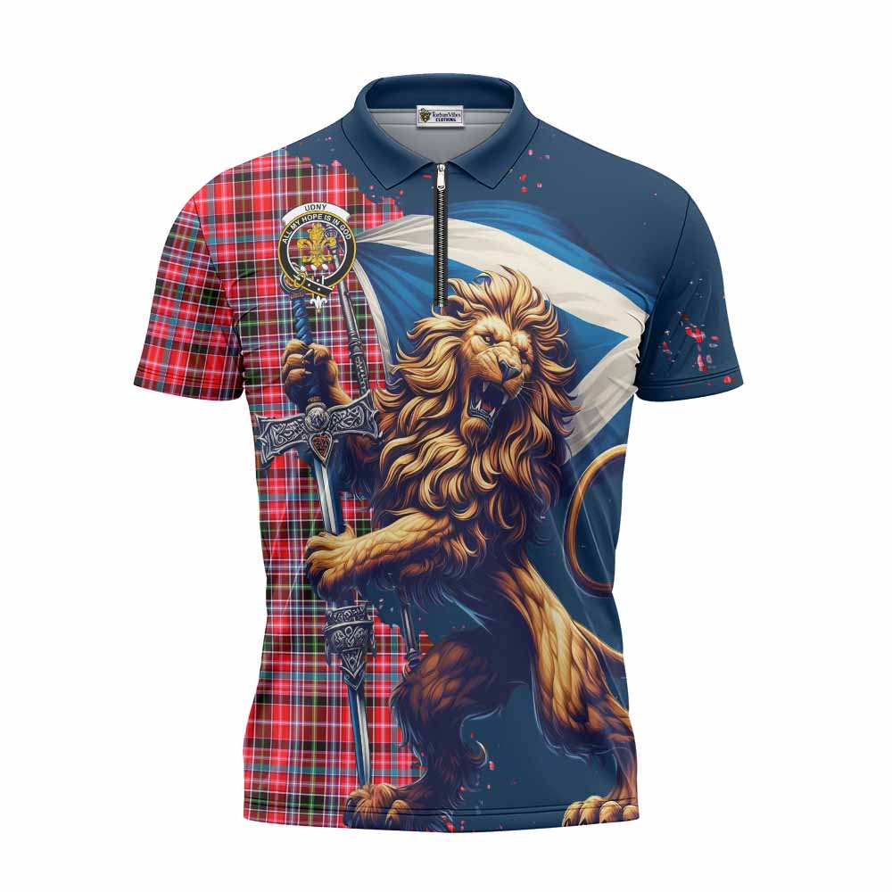 Tartan Vibes Clothing Udny Tartan Family Crest Zipper Polo Shirt with Scottish Majestic Lion