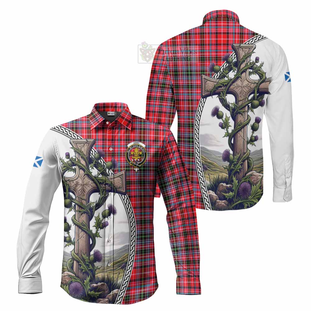 Tartan Vibes Clothing Udny Tartan Long Sleeve Button Shirt with Family Crest and St. Andrew's Cross Accented by Thistle Vines