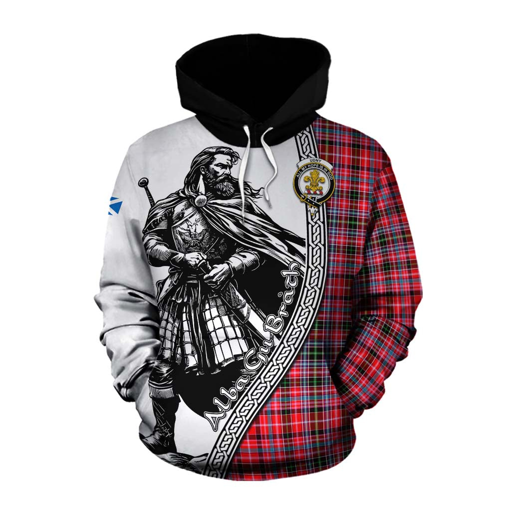 Tartan Vibes Clothing Udny Tartan Clan Crest Cotton Hoodie with Highlander Warrior Celtic Style