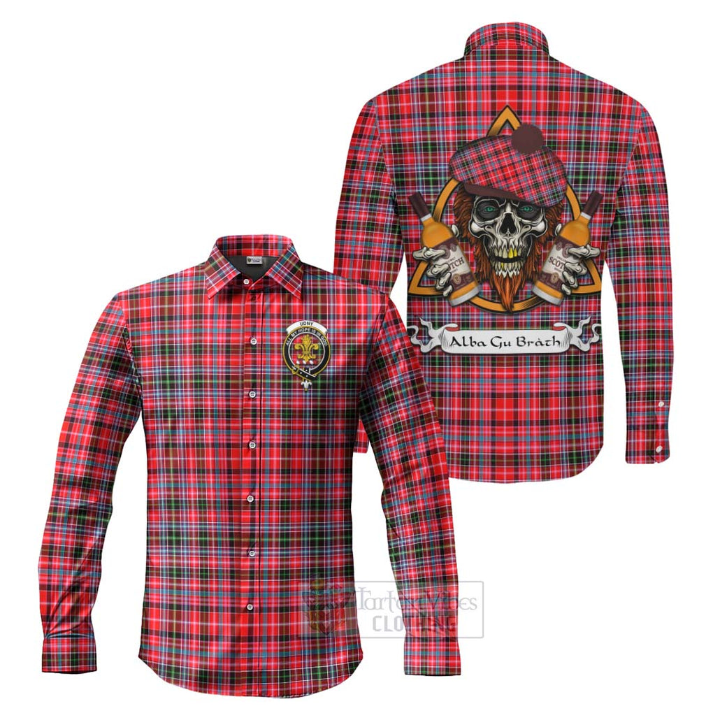Tartan Vibes Clothing Udny Tartan Long Sleeve Button Shirt with Family Crest and Bearded Skull Holding Bottles of Whiskey