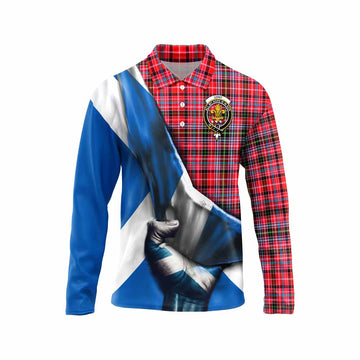 Tartan Vibes Clothing Udny Tartan Long Sleeve Polo Shirt with Family Crest Scotland Patriotic Style