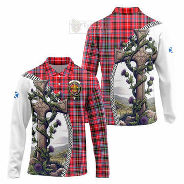 Tartan Vibes Clothing Udny Tartan Long Sleeve Polo Shirt with Family Crest and St. Andrew's Cross Accented by Thistle Vines