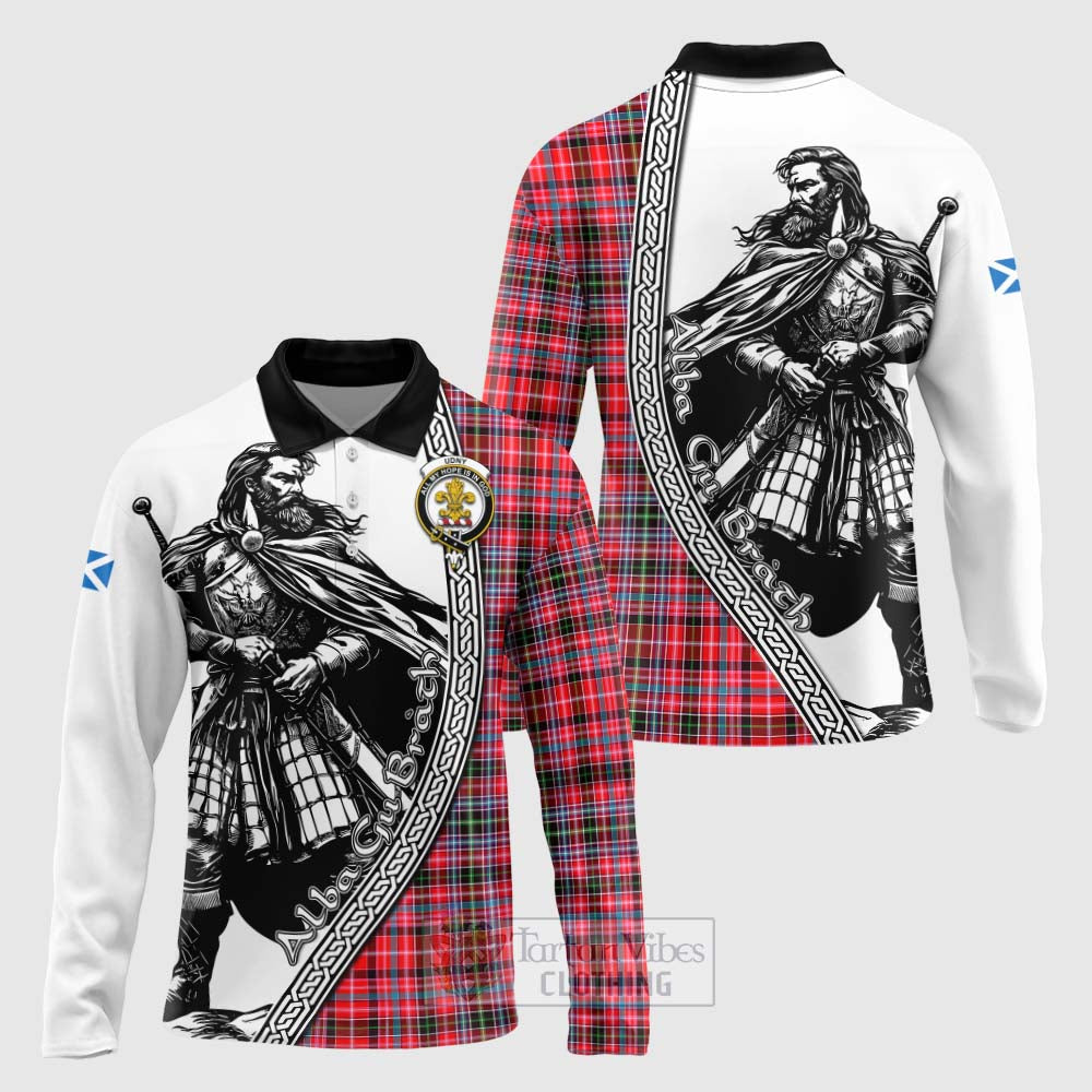 Tartan Vibes Clothing Udny Tartan Clan Crest Long Sleeve Polo Shirt with Highlander Warrior Celtic Style