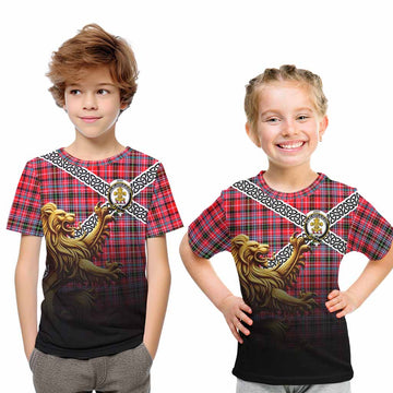Tartan Vibes Clothing Udny Crest Tartan Kid T-Shirt with Golden Lion Emblem Celtic Style