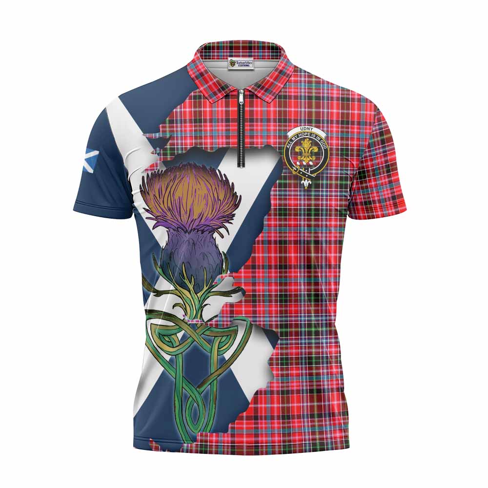 Tartan Vibes Clothing Udny Tartan Family Crest Zipper Polo Shirt Scottish Thistle Celtic Inspired