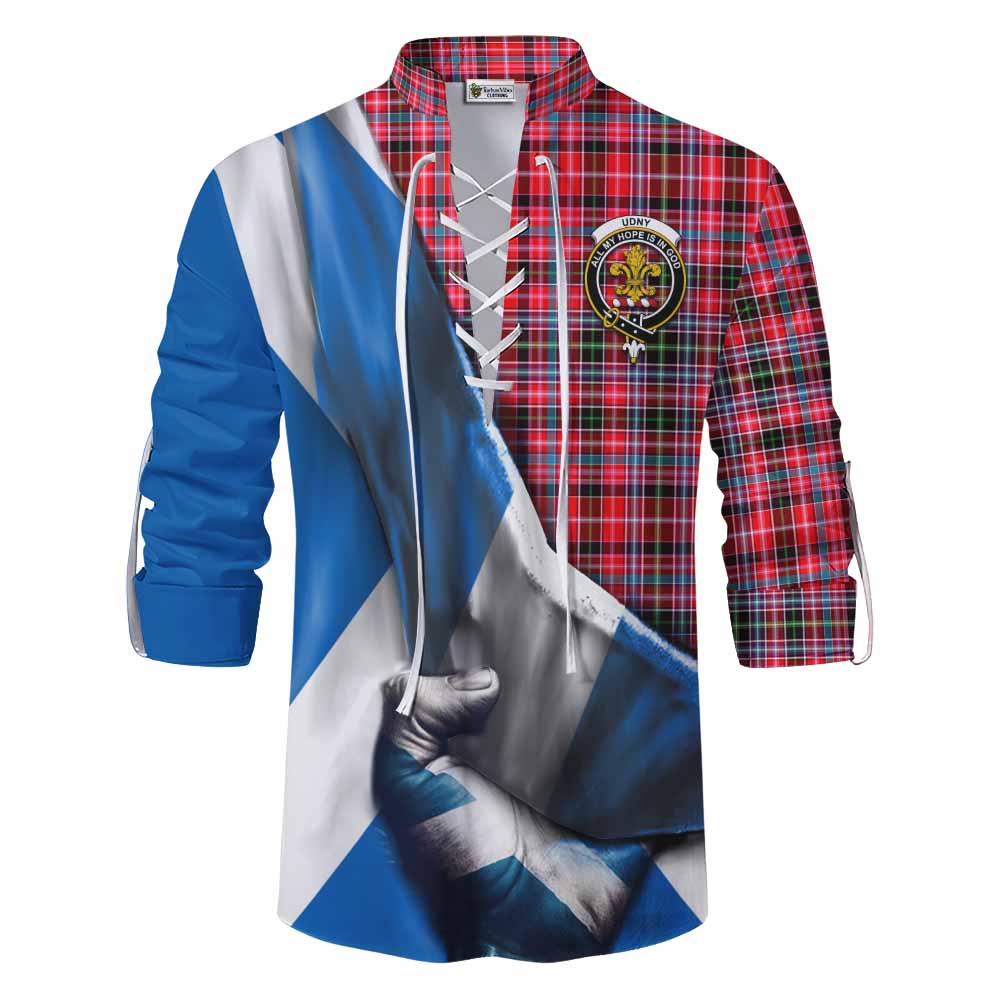 Tartan Vibes Clothing Udny Tartan Ghillie Kilt Shirt with Family Crest Scotland Patriotic Style