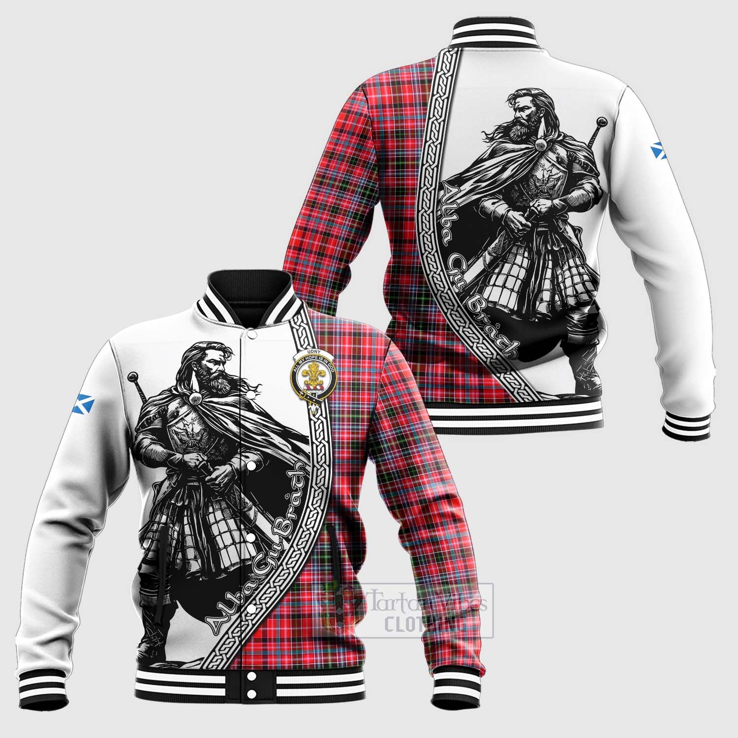 Tartan Vibes Clothing Udny Tartan Clan Crest Baseball Jacket with Highlander Warrior Celtic Style