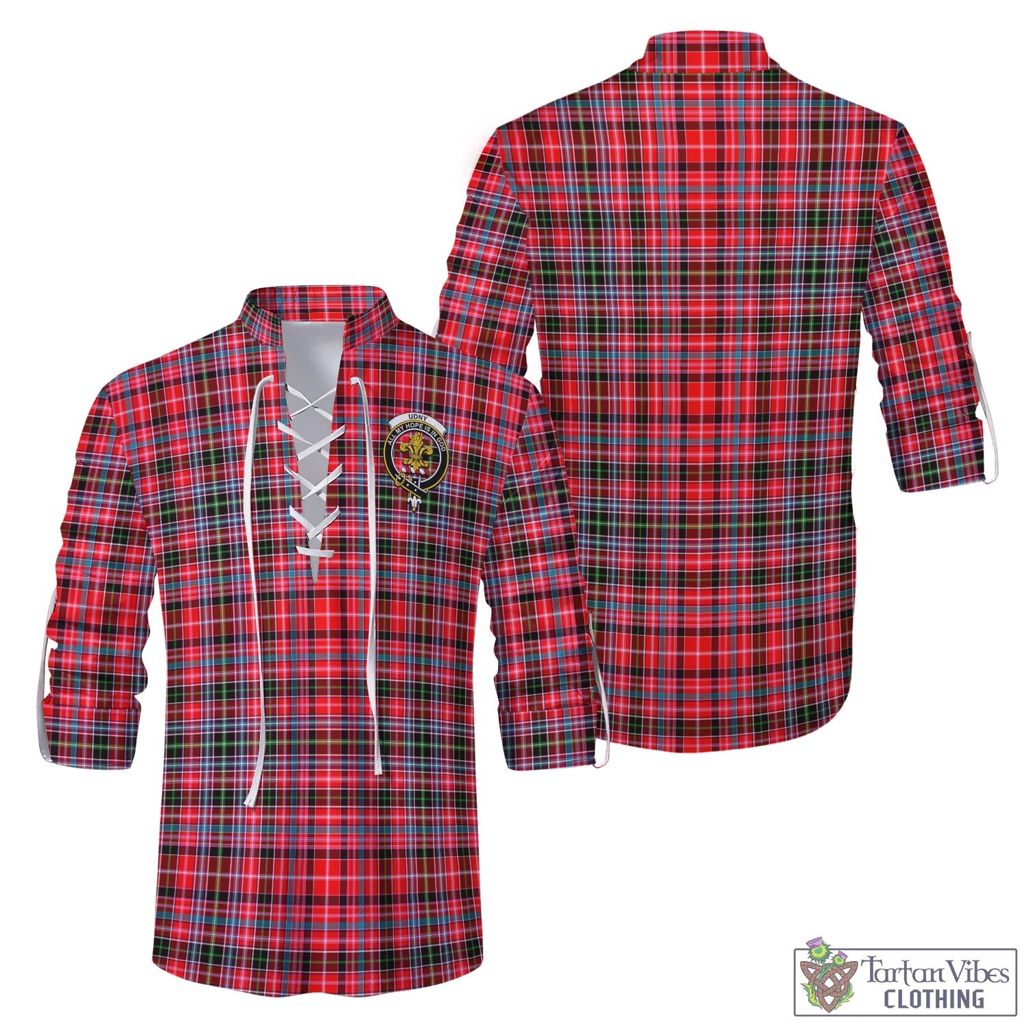 Tartan Vibes Clothing Udny Tartan Men's Scottish Traditional Jacobite Ghillie Kilt Shirt with Family Crest