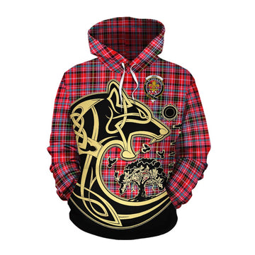 Tartan Vibes Clothing Udny Tartan Cotton Hoodie with Family Crest Celtic Wolf Style