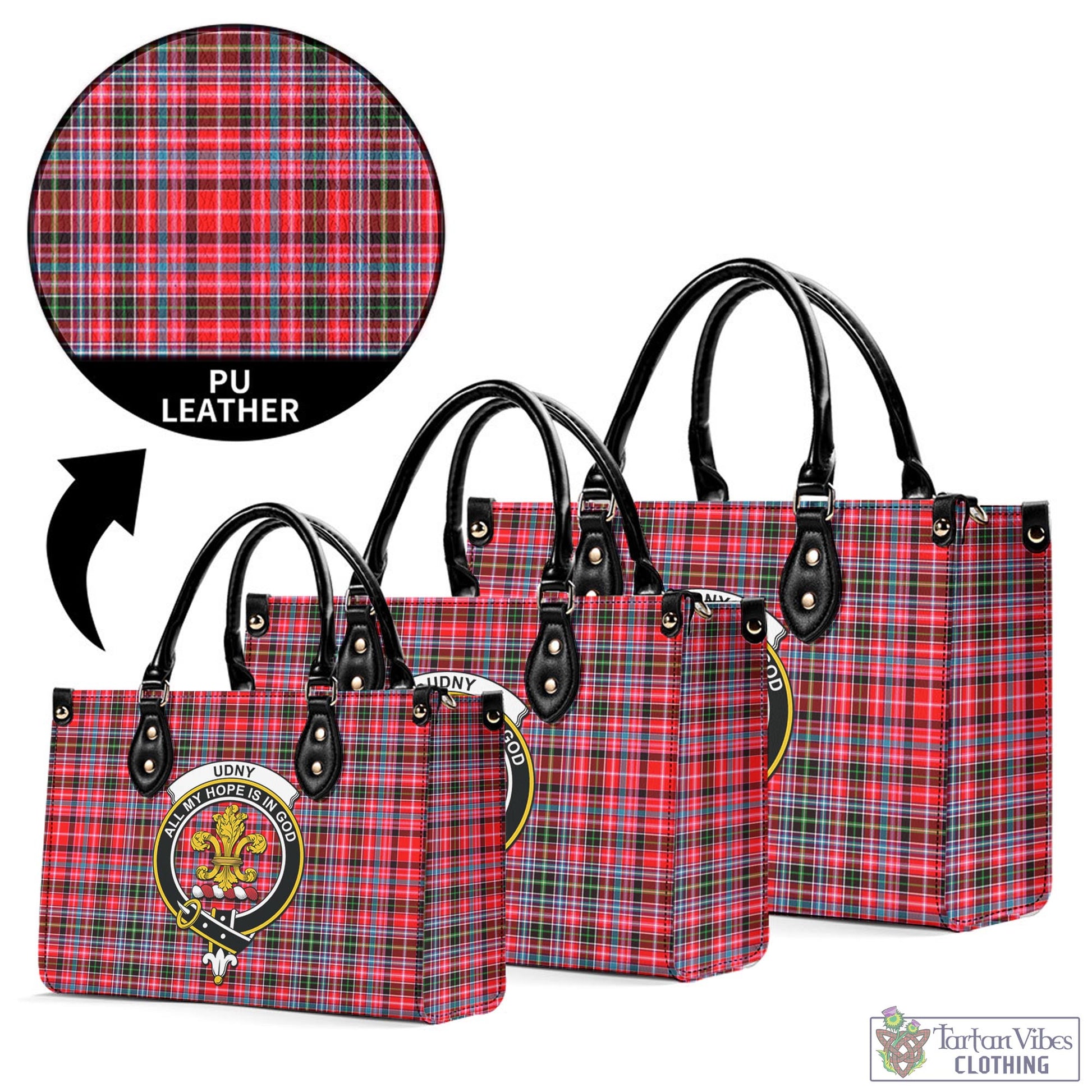 Tartan Vibes Clothing Udny Tartan Luxury Leather Handbags with Family Crest