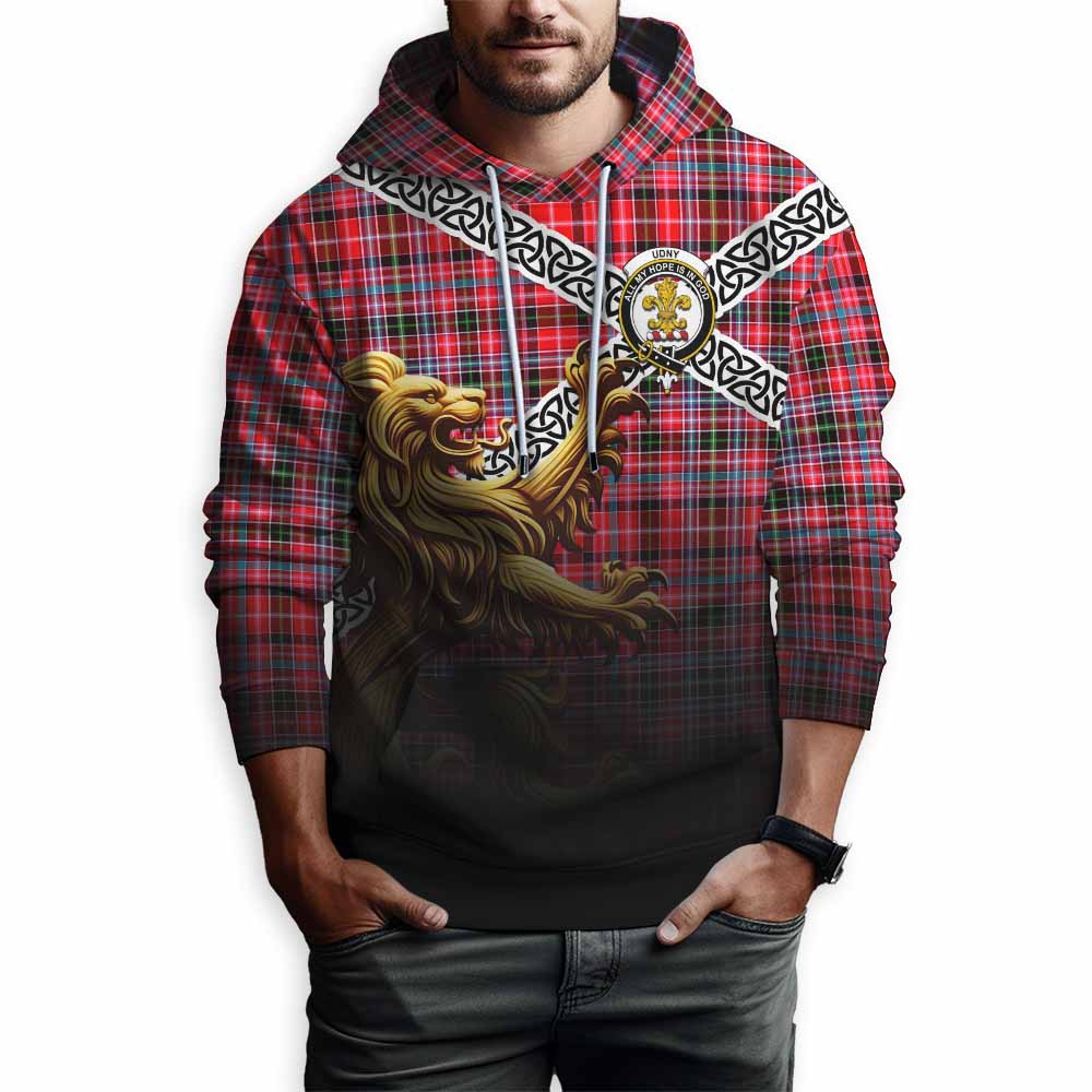 Tartan Vibes Clothing Udny Crest Tartan Hoodie with Golden Lion Emblem Celtic Style