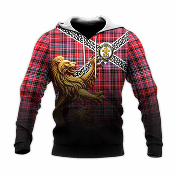 Tartan Vibes Clothing Udny Crest Tartan Knitted Hoodie with Golden Lion Emblem Celtic Style