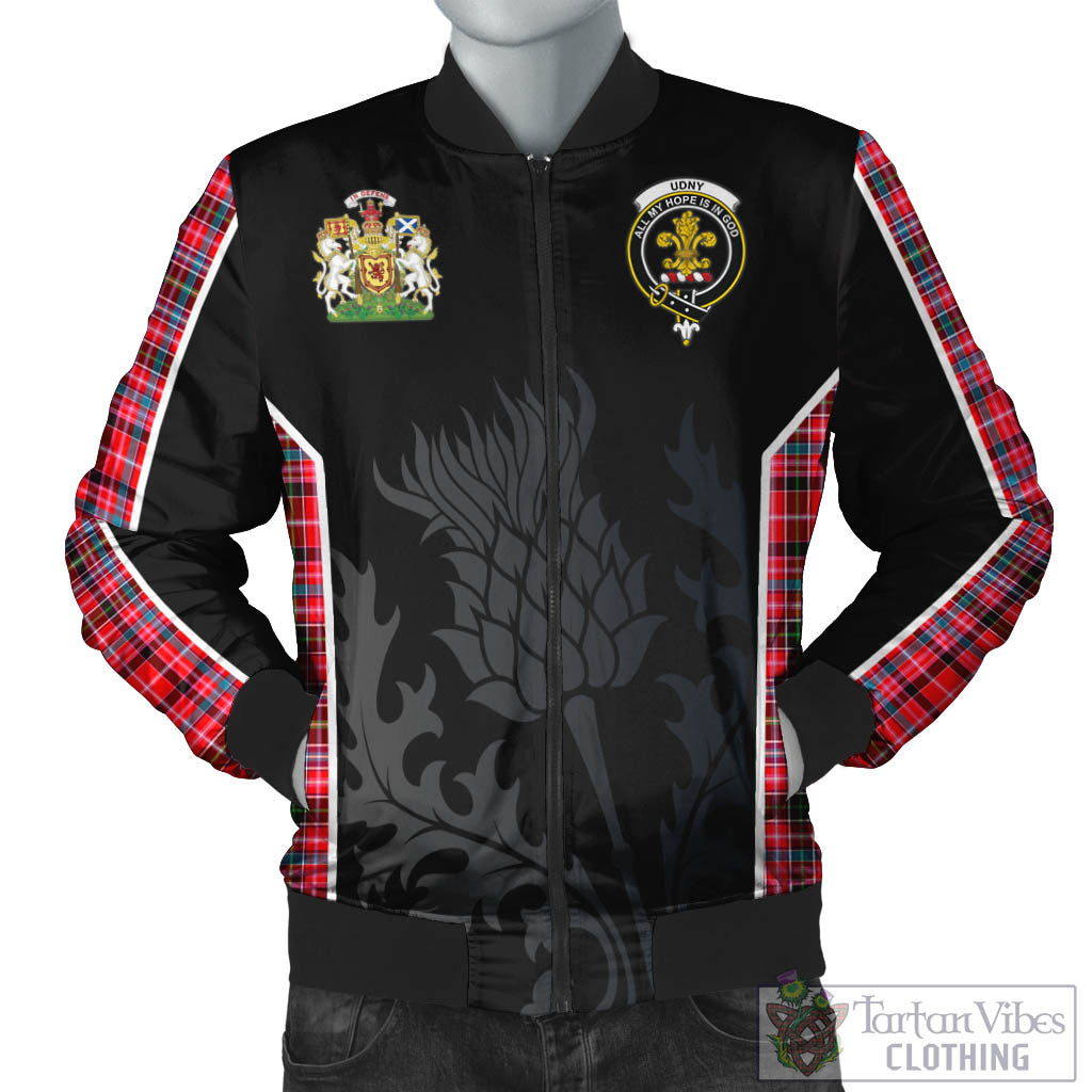 Udny Tartan Bomber Jacket with Family Crest and Scottish Thistle Vibes Sport Style Unisex Black - Tartan Vibes Clothing