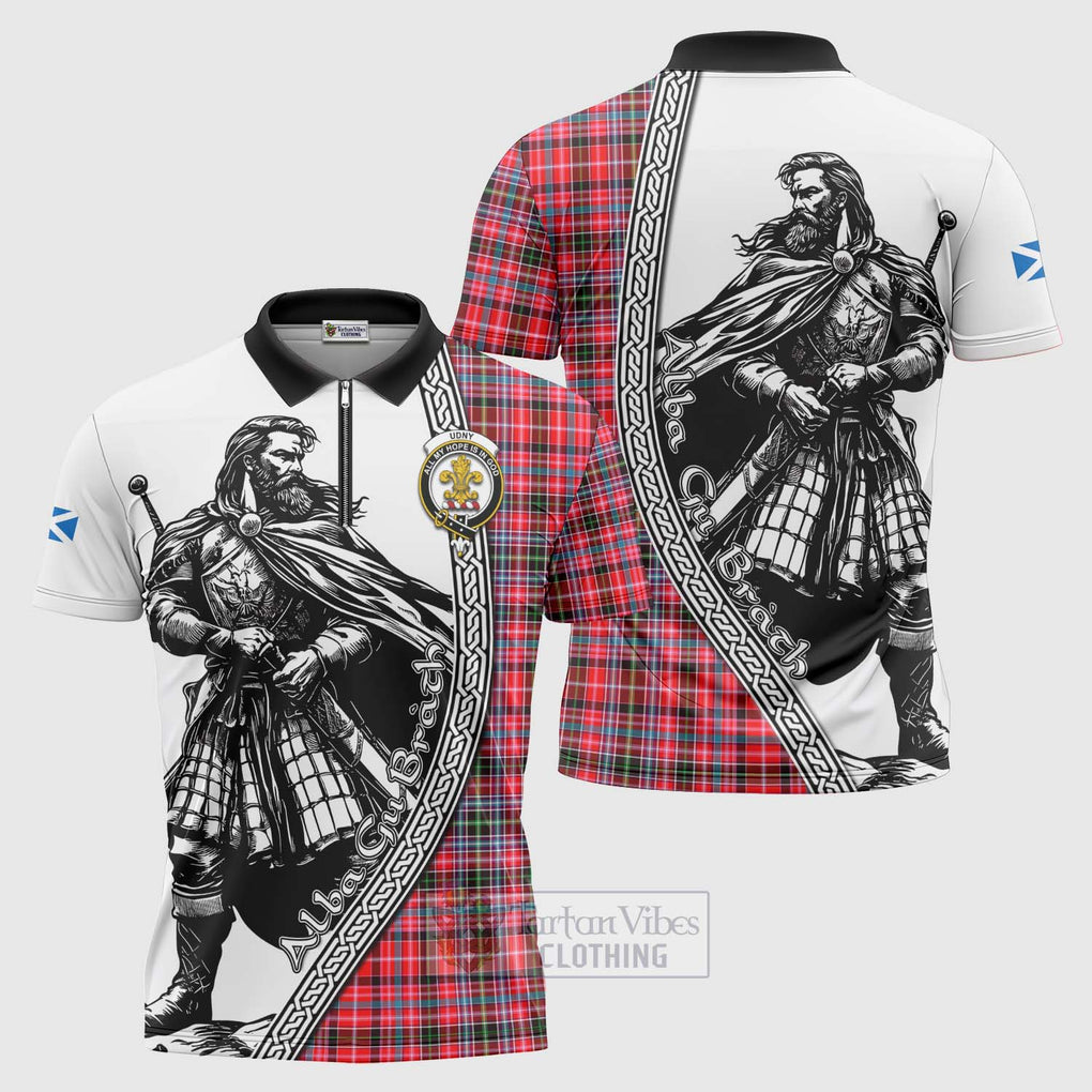 Tartan Vibes Clothing Udny Tartan Clan Crest Zipper Polo Shirt with Highlander Warrior Celtic Style