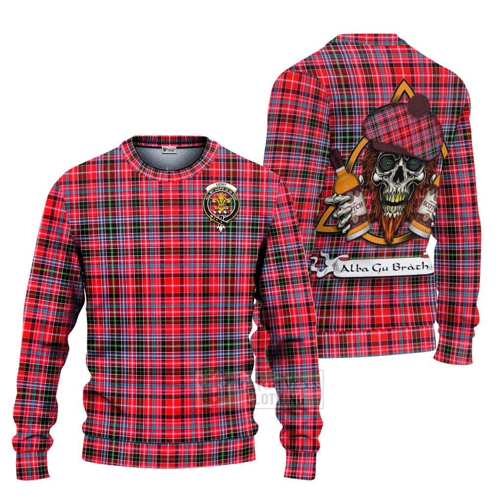 Tartan Vibes Clothing Udny Tartan Knitted Sweater with Family Crest and Bearded Skull Holding Bottles of Whiskey