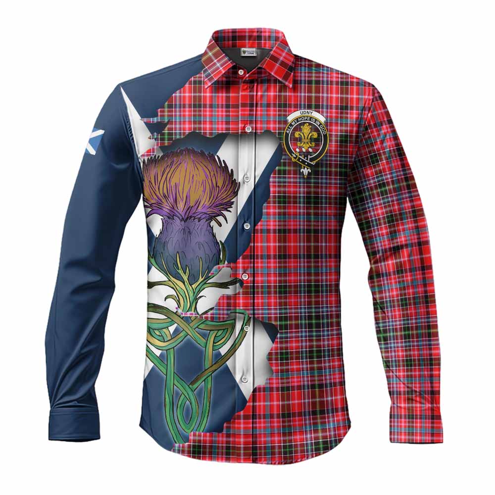 Tartan Vibes Clothing Udny Tartan Family Crest Long Sleeve Button Shirt Scottish Thistle Celtic Inspired