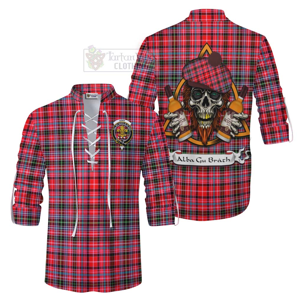 Tartan Vibes Clothing Udny Tartan Ghillie Kilt Shirt with Family Crest and Bearded Skull Holding Bottles of Whiskey