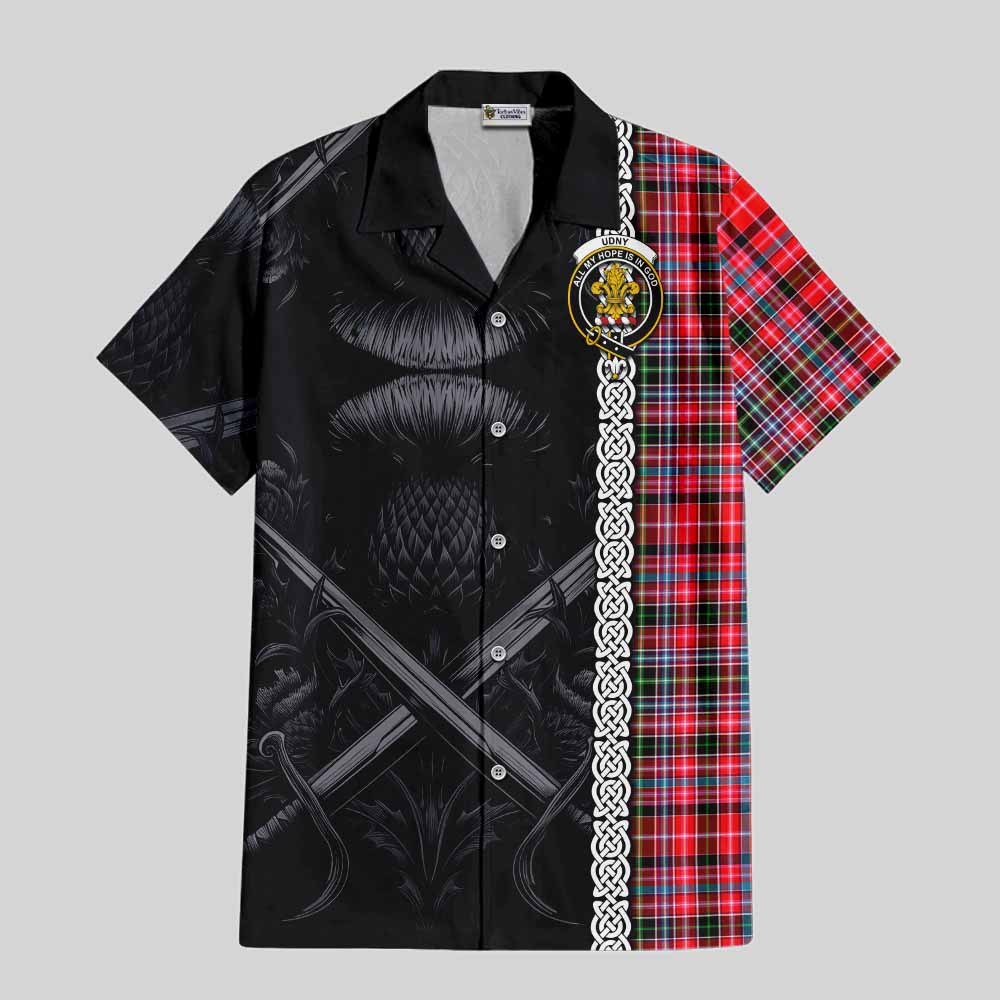 Tartan Vibes Clothing Udny Tartan Short Sleeve Button Shirt with Family Crest Cross Sword Thistle Celtic Vibes
