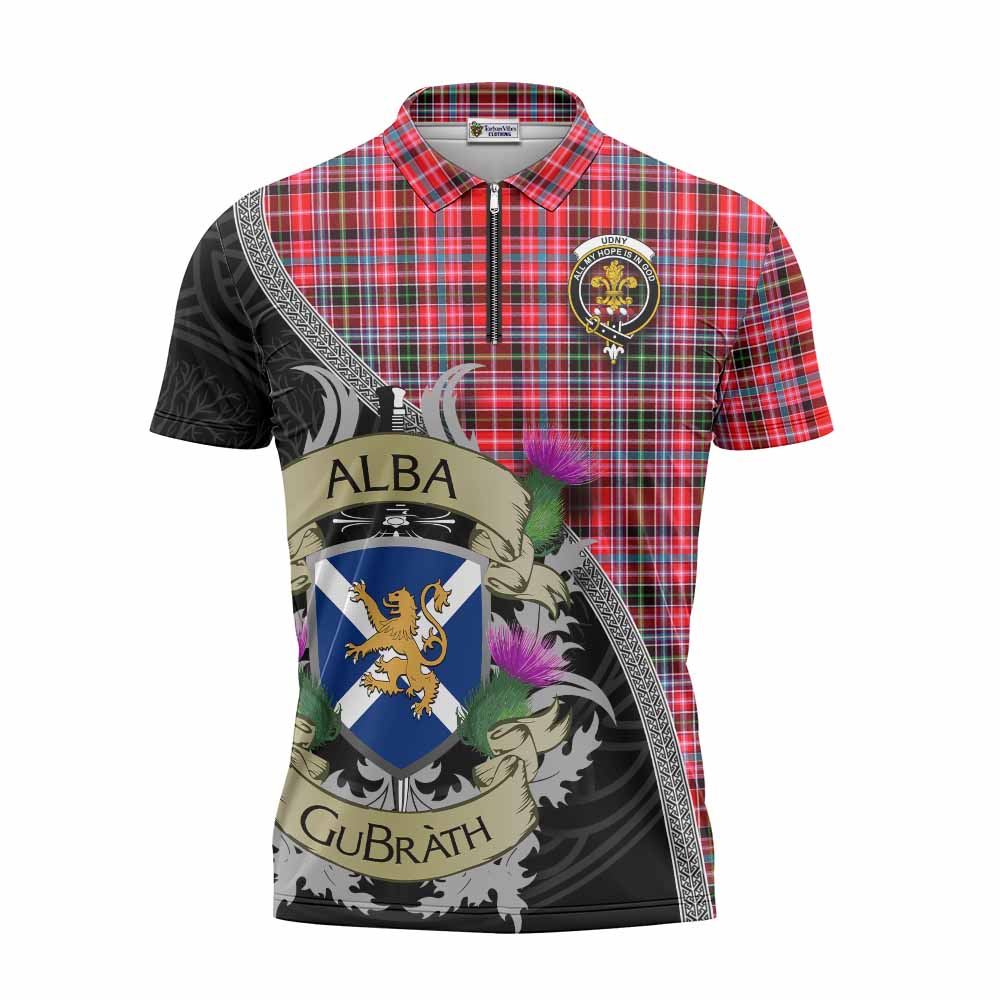 Tartan Vibes Clothing Udny Tartan Family Crest Zipper Polo Shirt Lion Rampant Royal Thistle Shield Celtic Inspired