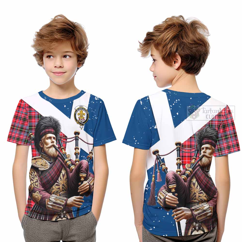 Tartan Vibes Clothing Udny Tartan Kid T-Shirt with Family Crest Scottish Bagpiper Vibes