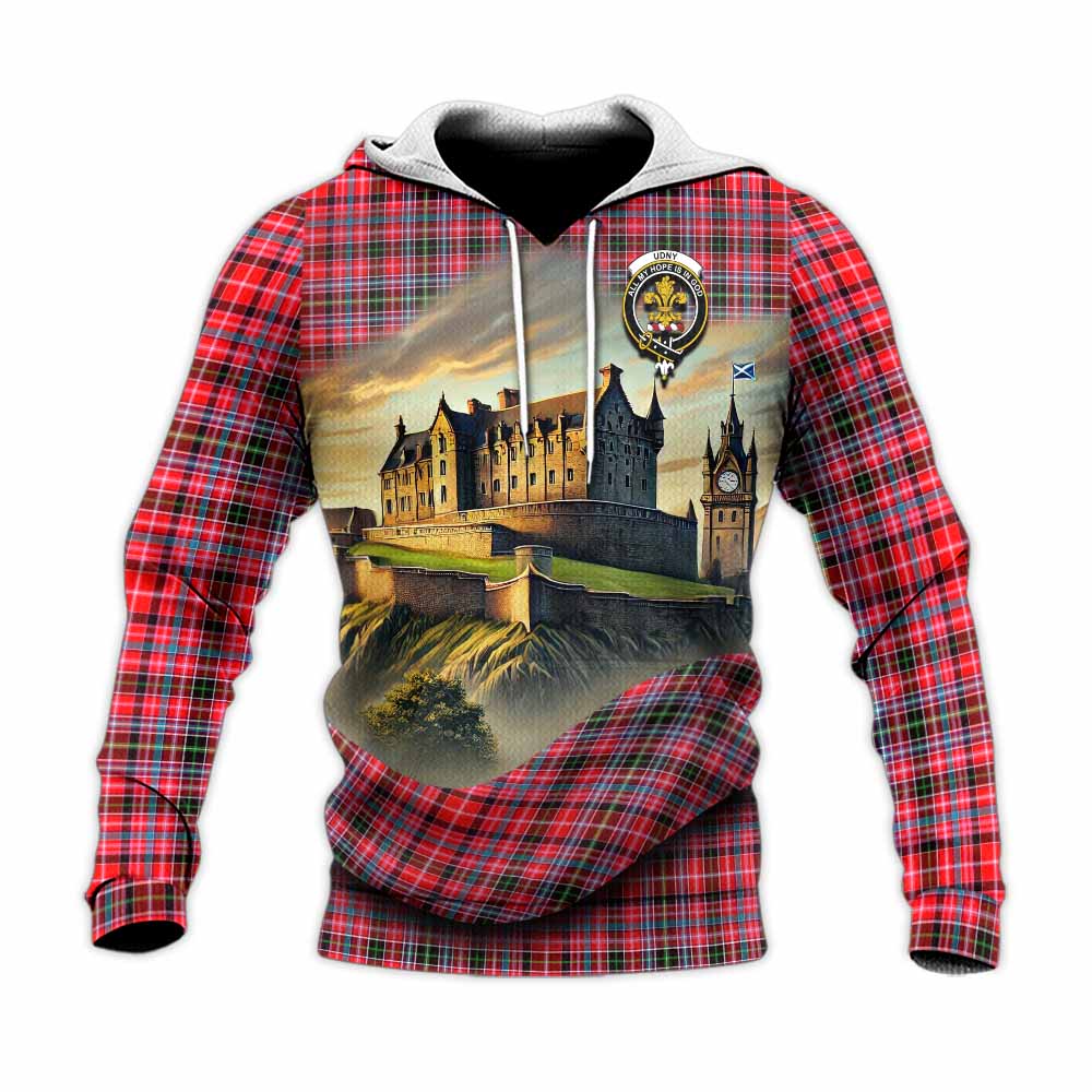 Tartan Vibes Clothing Udny Tartan Family Crest Knitted Hoodie with Scottish Ancient Castle Style
