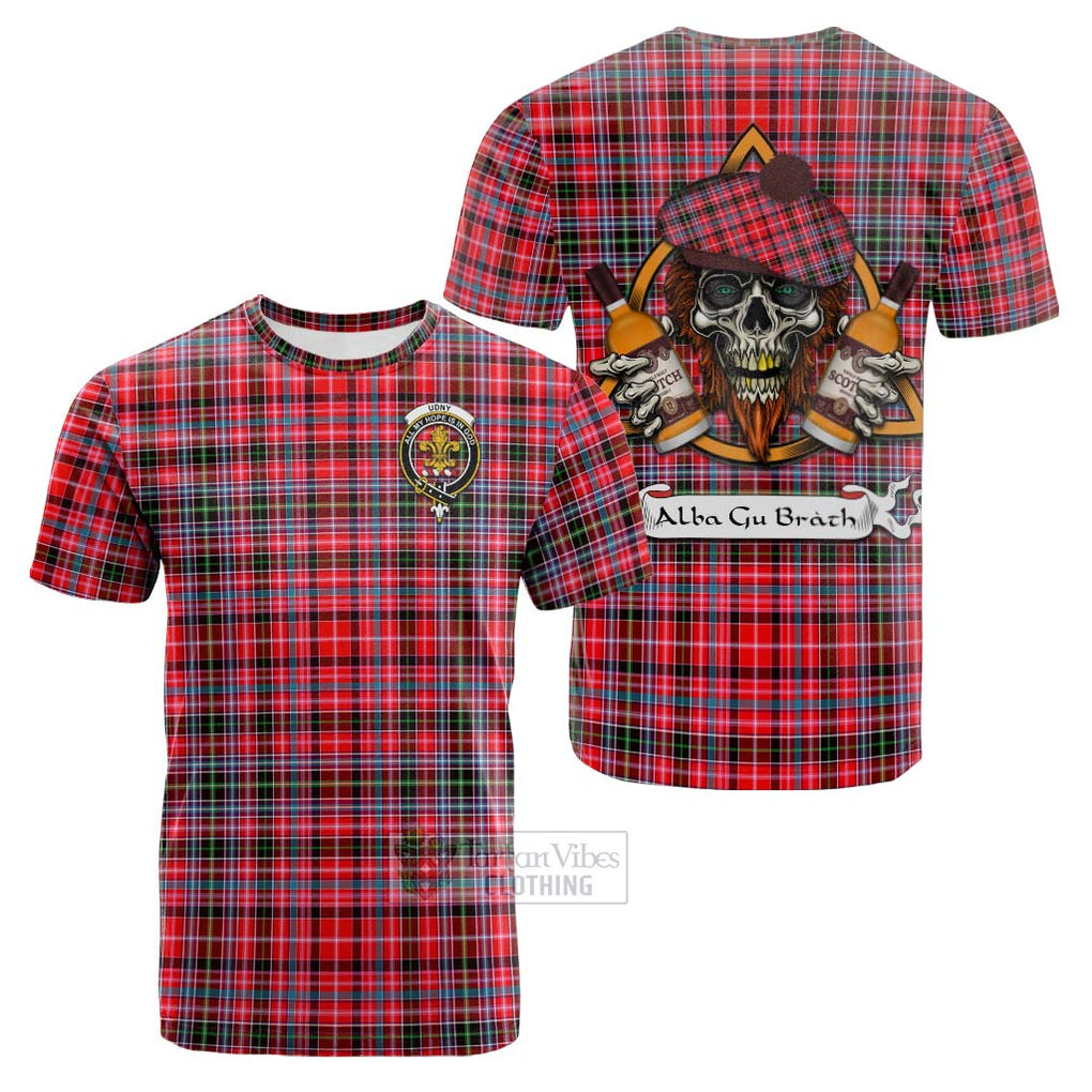 Tartan Vibes Clothing Udny Tartan Cotton T-shirt with Family Crest and Bearded Skull Holding Bottles of Whiskey