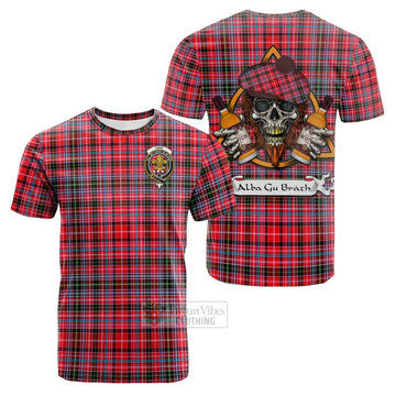 Tartan Vibes Clothing Udny Tartan Cotton T-shirt with Family Crest and Bearded Skull Holding Bottles of Whiskey
