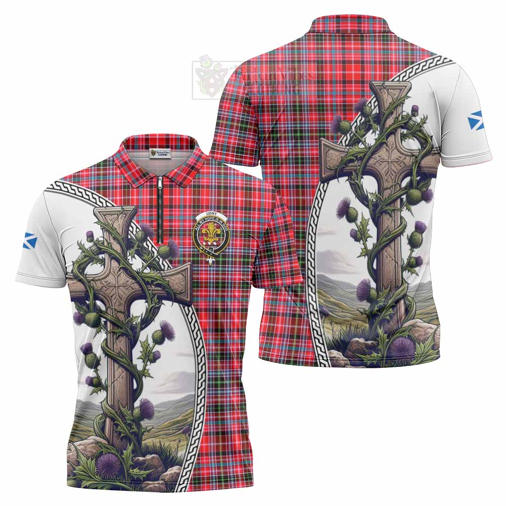 Tartan Vibes Clothing Udny Tartan Zipper Polo Shirt with Family Crest and St. Andrew's Cross Accented by Thistle Vines