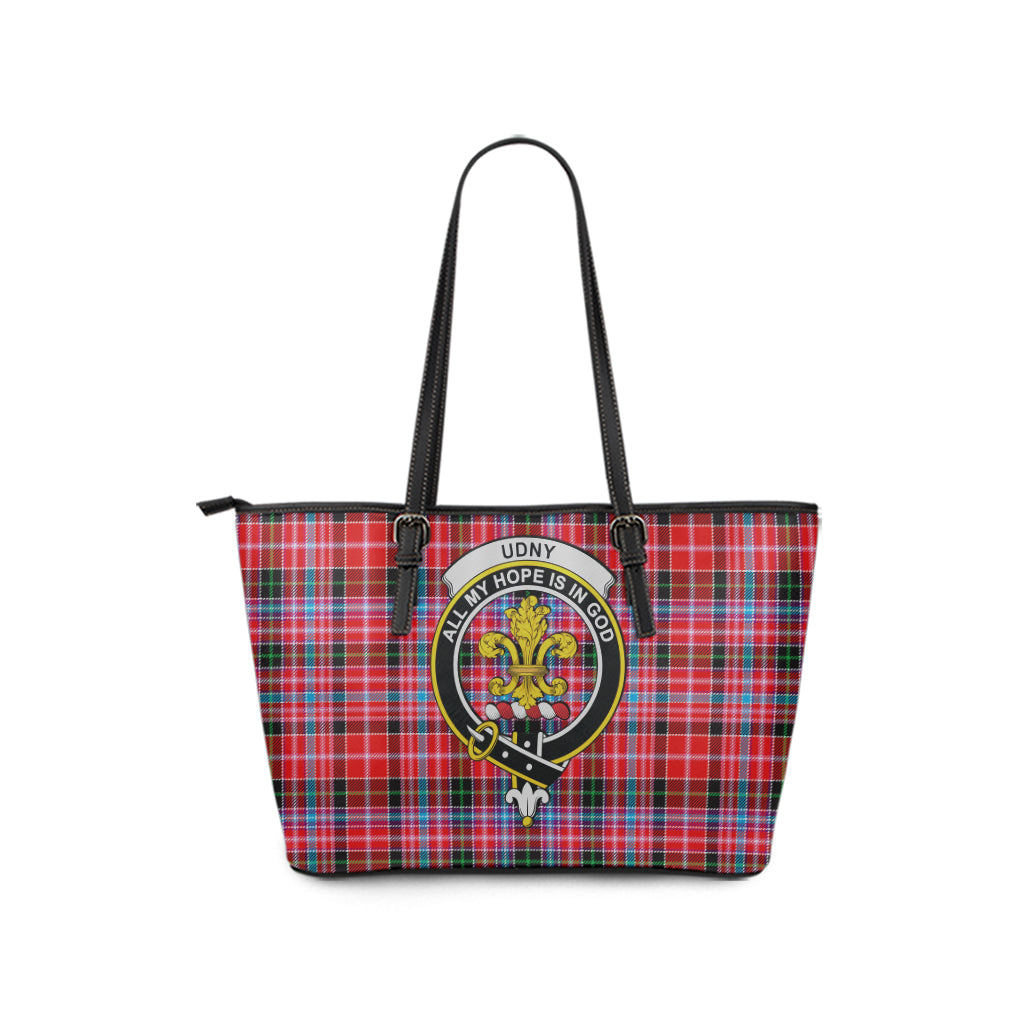 Udny Tartan Leather Tote Bag with Family Crest - Tartan Vibes Clothing