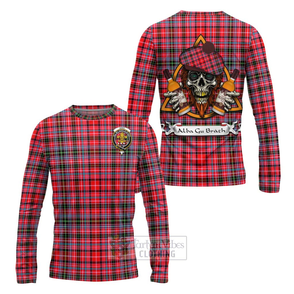 Tartan Vibes Clothing Udny Tartan Long Sleeve T-Shirt with Family Crest and Bearded Skull Holding Bottles of Whiskey